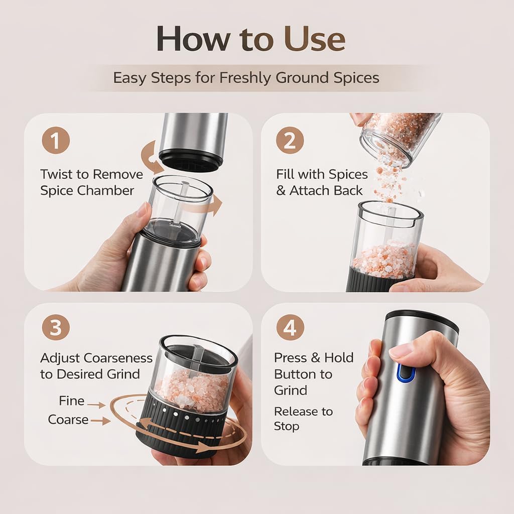 ONE TOUCH ELECTRIC GRINDER - USB C RECHARGEABLE (SILVER STAINLESS STELL)
