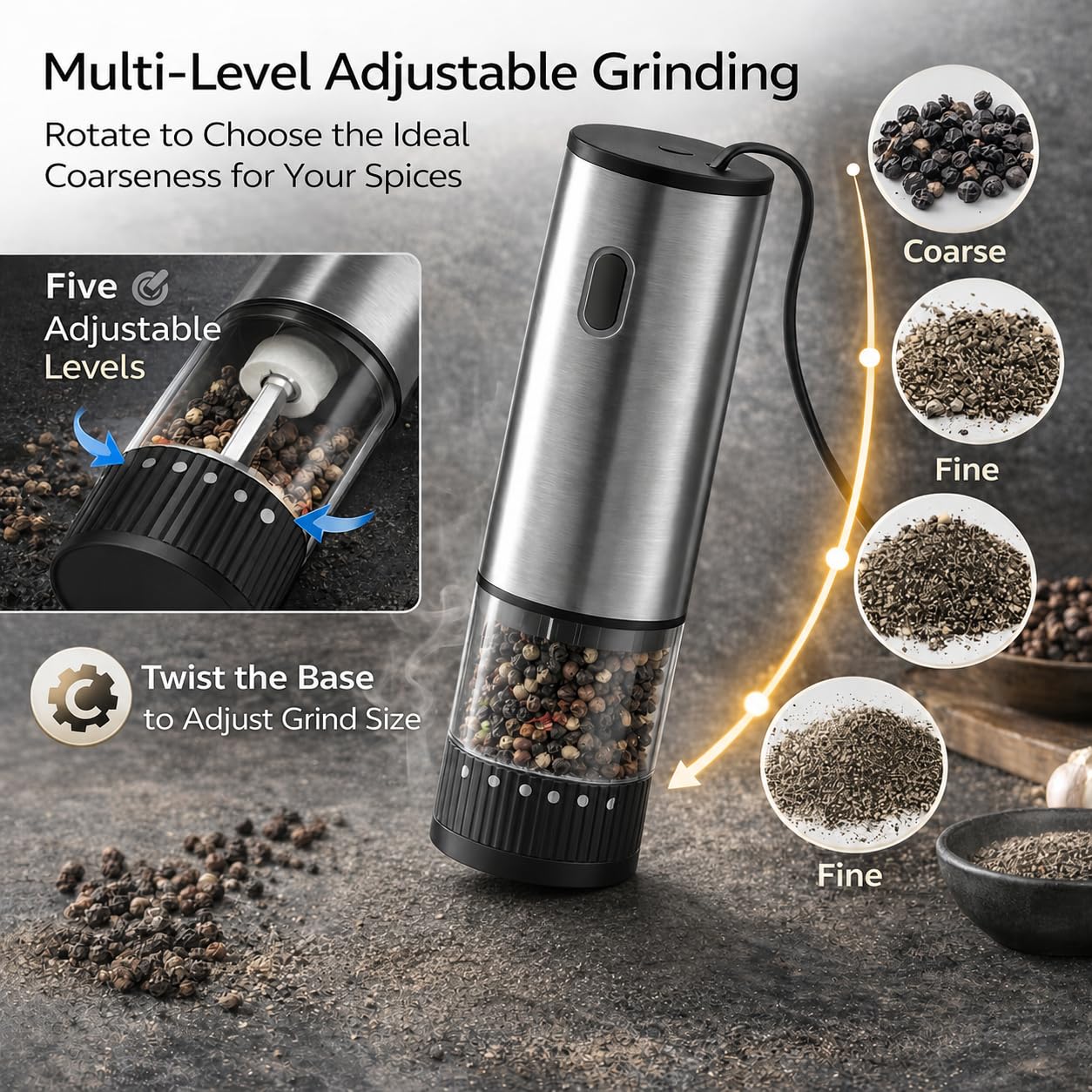 ONE TOUCH ELECTRIC GRINDER - USB C RECHARGEABLE (SILVER STAINLESS STELL)