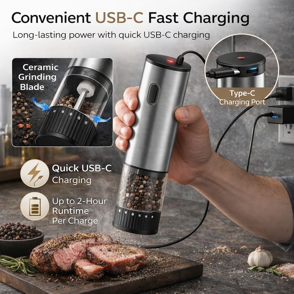 ONE TOUCH ELECTRIC GRINDER - USB C RECHARGEABLE (SILVER STAINLESS STELL)