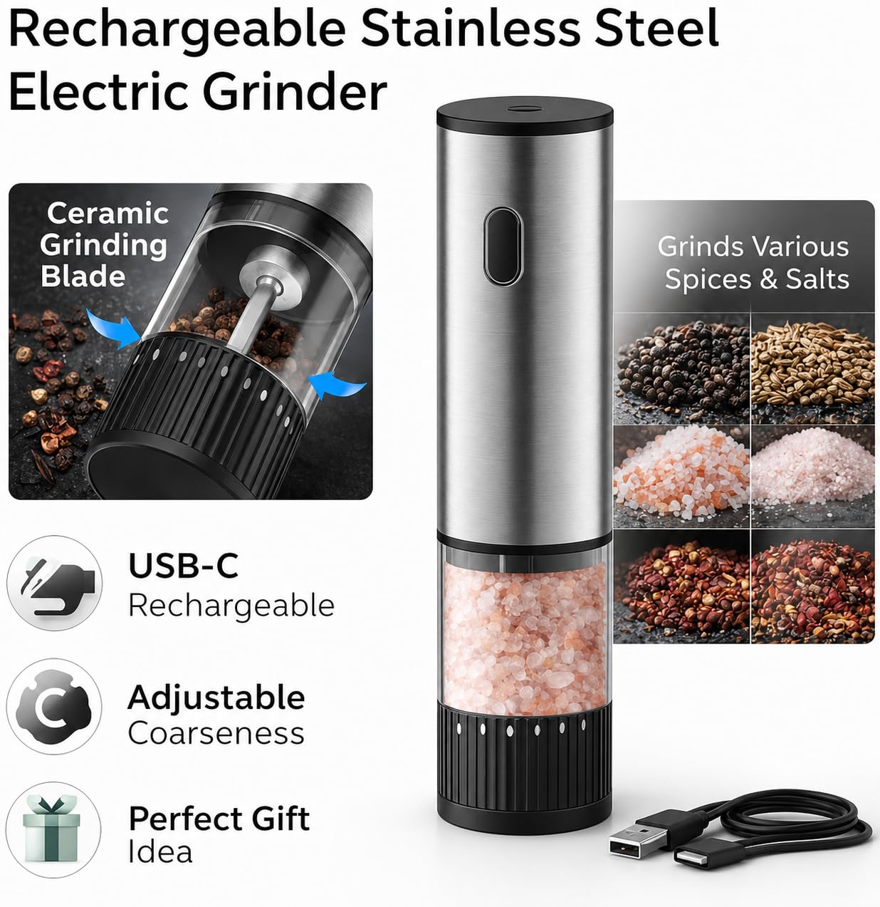 ONE TOUCH ELECTRIC GRINDER - USB C RECHARGEABLE (SILVER STAINLESS STELL)